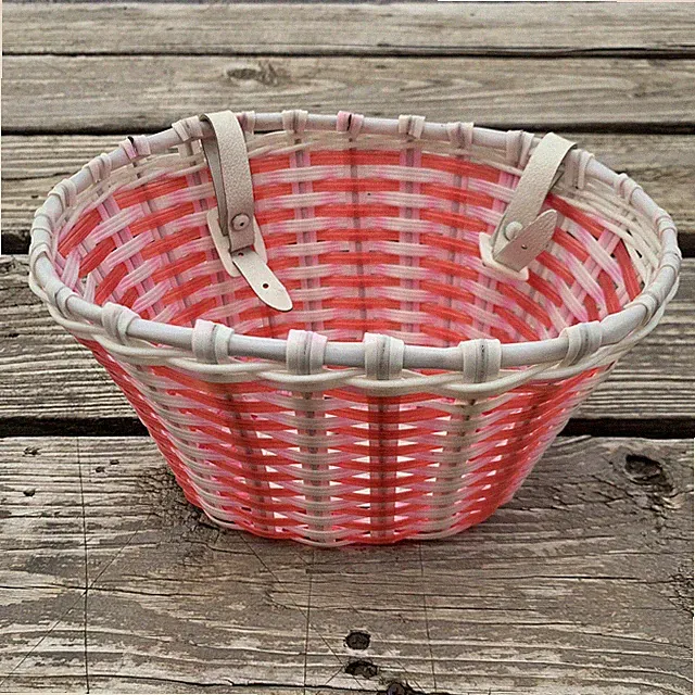 BICYCLE BASKET WITH LEATHER STRAPS BUCKLES PINK & RED NOS