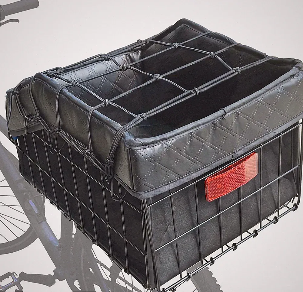 Large Bike Rear Basket Thickened Folding Bicycle Basket with Leather Liner Bag W