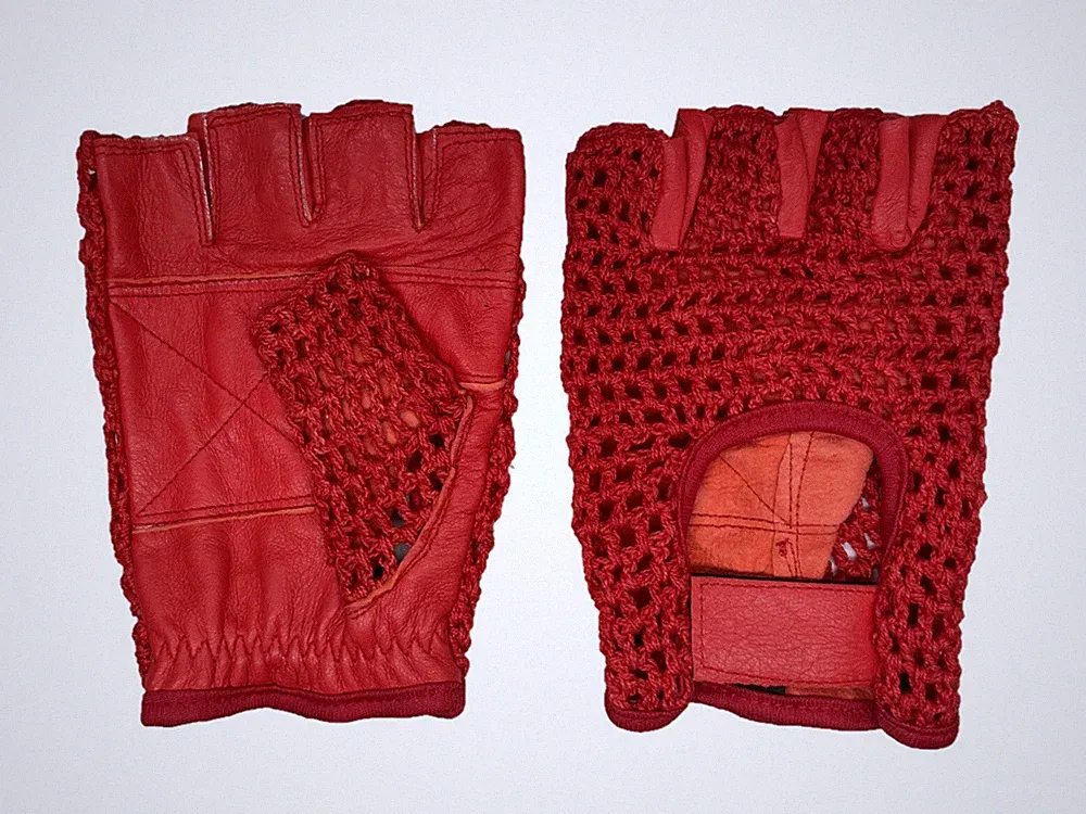 Leather Crochet Cycling / Bicycle Gloves - Vintage Red