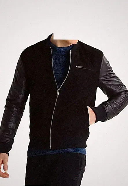 Men's Black Genuine Lambskin Suede Leather Hybrid Bomber Jacket Full Zip Ribbed