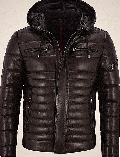 Men's Genuine Lambskin Leather Puffer Jacket Black Hooded Quilted Winter Coat
