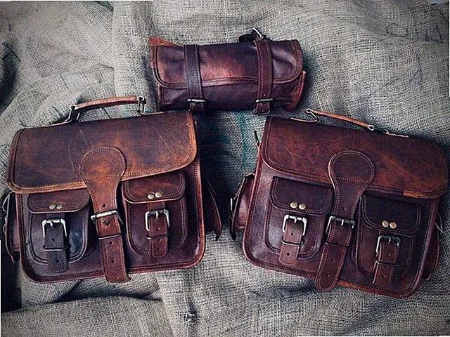 Motorcycle Saddlebags Vintage Leather Side Bags Universal Bike Storage 3ps Plw