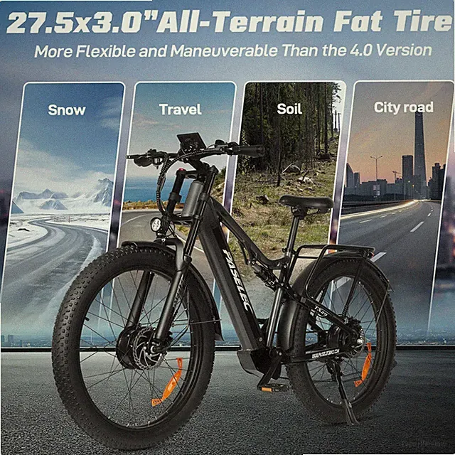 PASELEC TX29 27.5'' Electric Mountain Bike 3000W Peak 48V/19.2AH E Bike 7 Speed