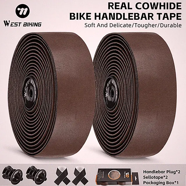 WEST BIKING Genuine Leather Bicycle Handlebar Tape Road Bike Belt Coffee a Pair